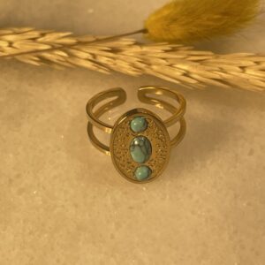 Bague Dorée avec Motif Ovale et Cabochons Turquoise